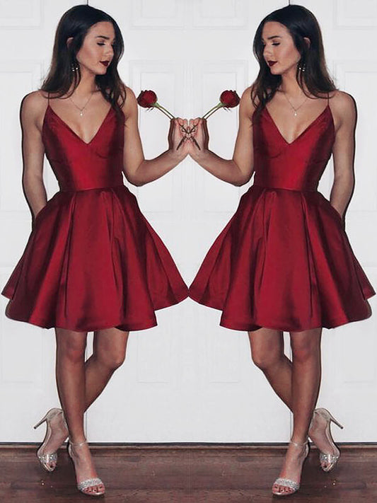 V Neck Sleeveless Spaghetti A-Line Pleated Dylan Homecoming Dresses Satin Cut Short Mini