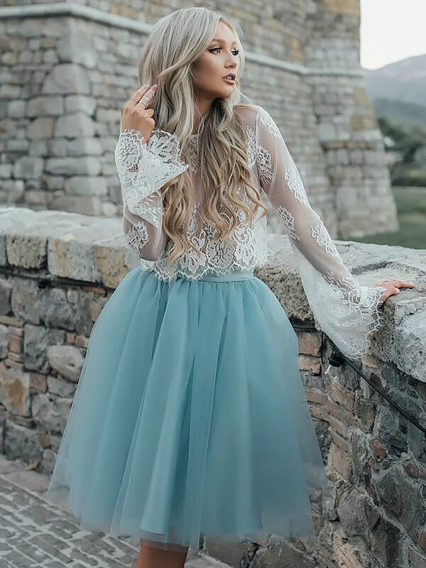 Two Piece See Through Scoop Neck Long Sleeve Tulle Kimberly Lace Homecoming Dresses Ball Gown Knee-Length