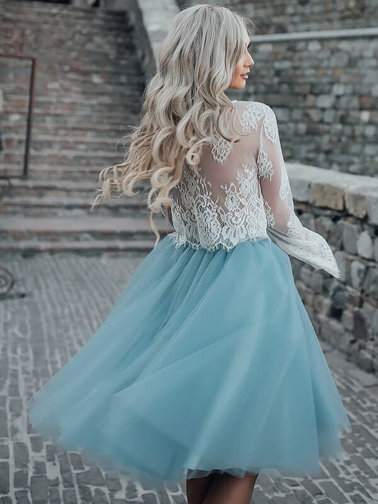 Two Piece See Through Scoop Neck Long Sleeve Tulle Kimberly Lace Homecoming Dresses Ball Gown Knee-Length