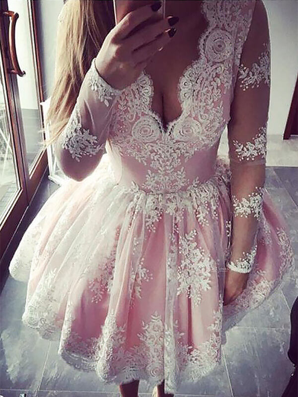 Ball Gown V Neck Long Sleeve Applique Josephine Homecoming Dresses Cut Short Mini