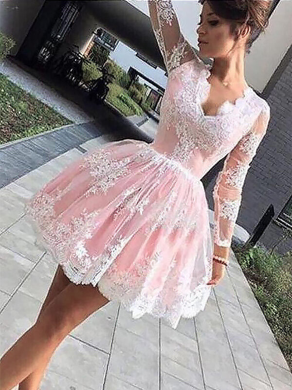 Ball Gown V Neck Long Sleeve Applique Josephine Homecoming Dresses Cut Short Mini