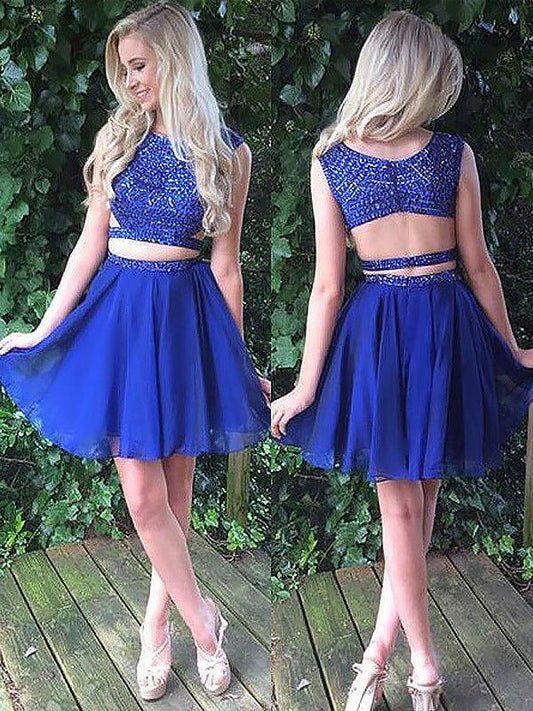 Two Piece Beading Scoop Neck Homecoming Dresses Kendall Chiffon Sleeveless Cut Out Back Cut Short Mini