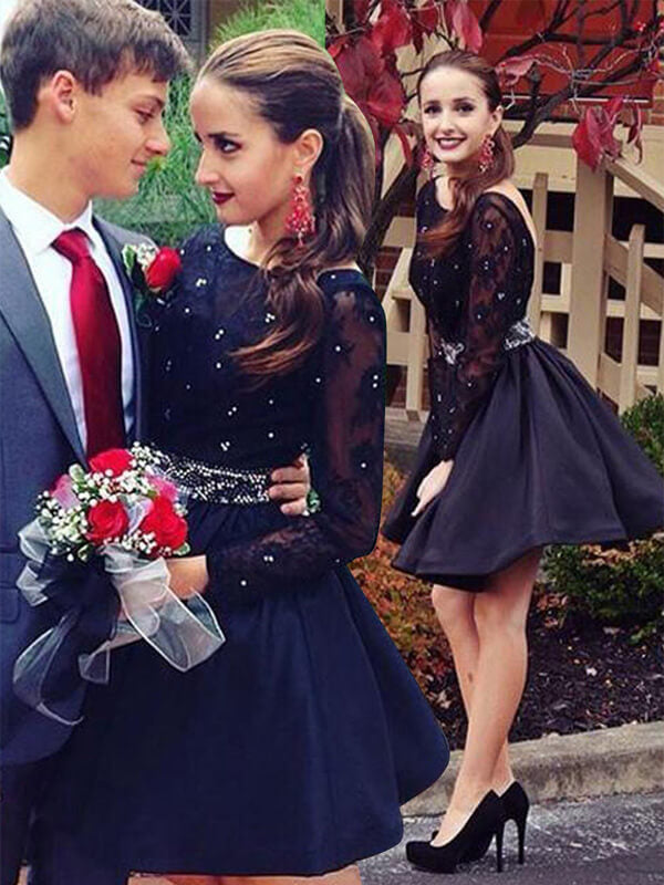 Scoop Neck Long Homecoming Dresses Sal Lace Sleeve Backless Cut Short Mini Beading Ball Gown