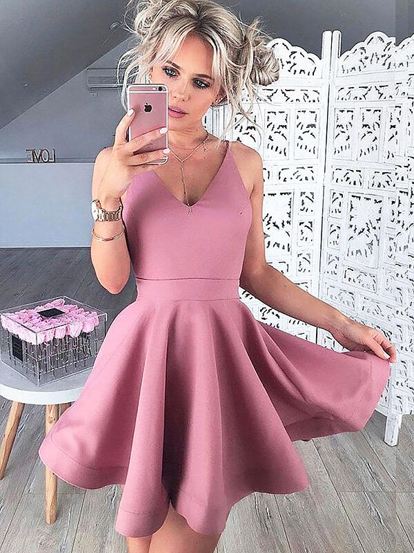 Charlee Homecoming Dresses V Neck Sleeveless A-Line Cut Short Mini Dusty Rose