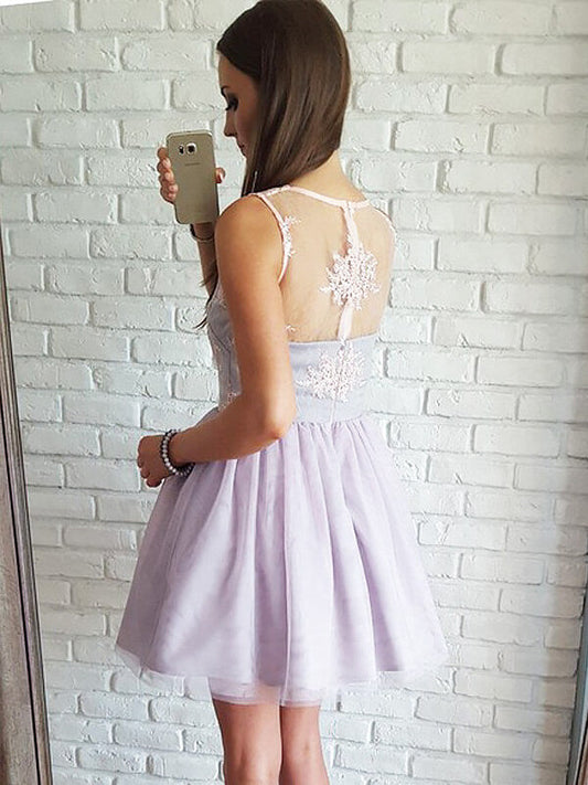 Tulle Cut Short Amina Homecoming Dresses Mini V Neck Sleeveless Applique