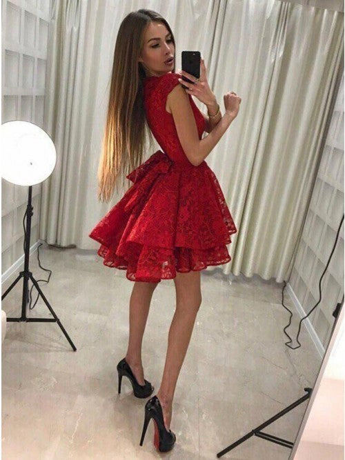 Cap A Line Lace Homecoming Dresses Nathalie Sleeves Jewel Red Tiered Short Flowers Pleated