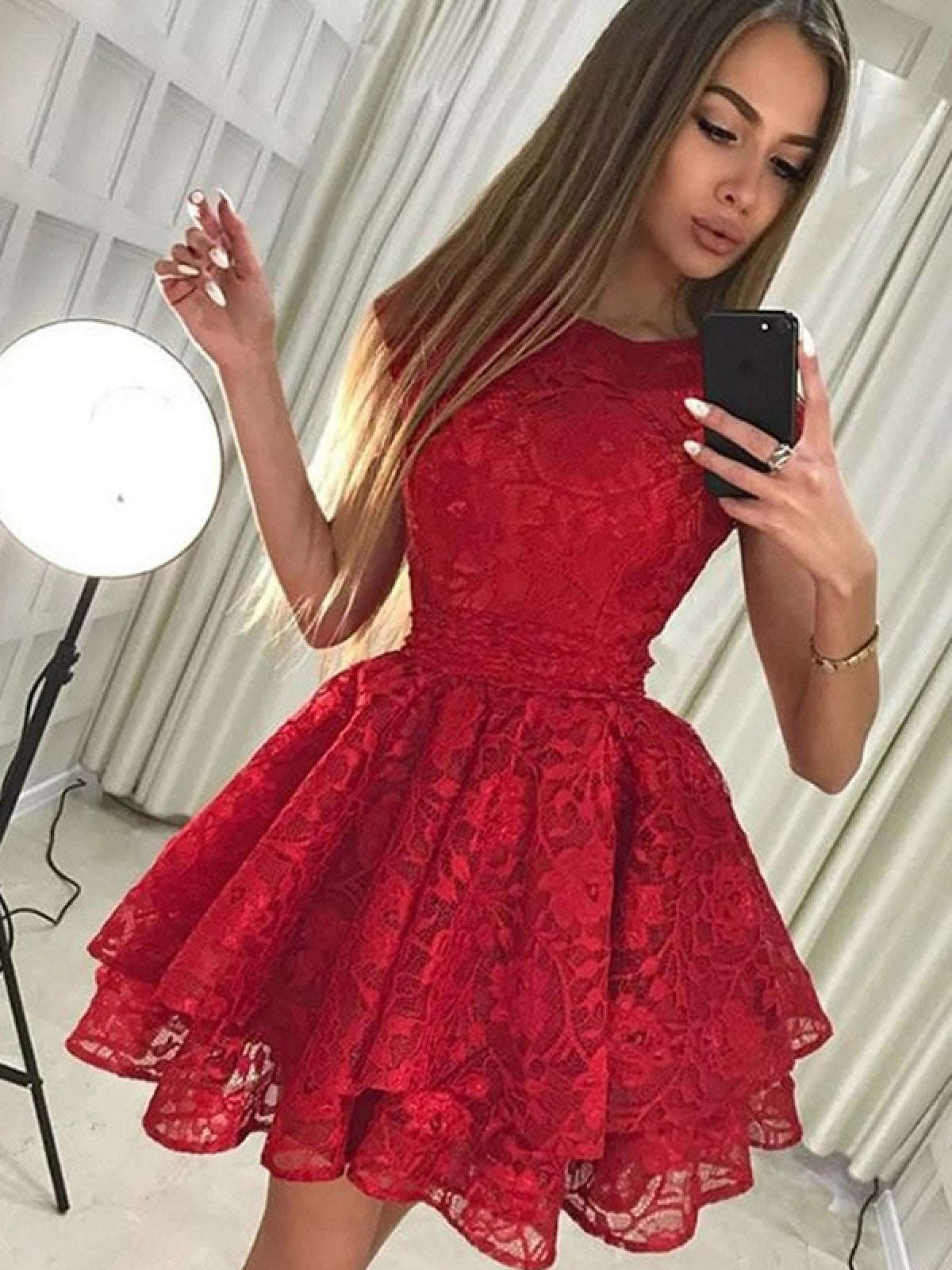 Cap A Line Lace Homecoming Dresses Nathalie Sleeves Jewel Red Tiered Short Flowers Pleated