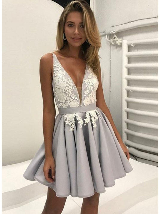 Silver Tori Satin Lace Homecoming Dresses A Line Deep V Neck Straps Appliques Pleated Flowers