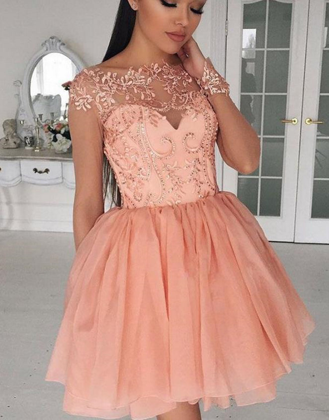 Sweetheart Off The Shoulder Homecoming Dresses A Line Malia Chiffon Long Sleeve Sheer Beading