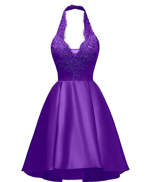 Halter Homecoming Dresses Satin Caylee A Line Deep V Neck Appliques Purple Backless Pleated