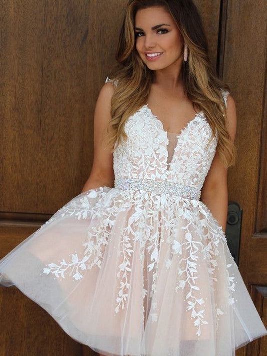 Deep V Neck Sleeveless Kaya Homecoming Dresses A Line Appliques Beaded Tulle Short White