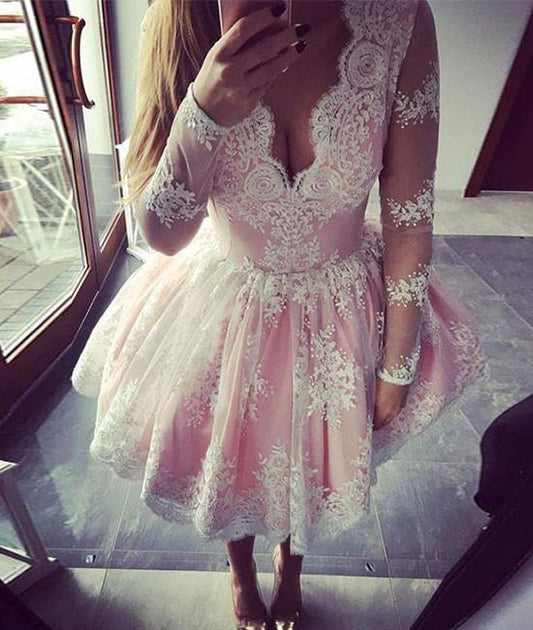 Long Sleeve Deep V Neck Ball Addyson Pink Lace Homecoming Dresses Gown Flowers Pleated