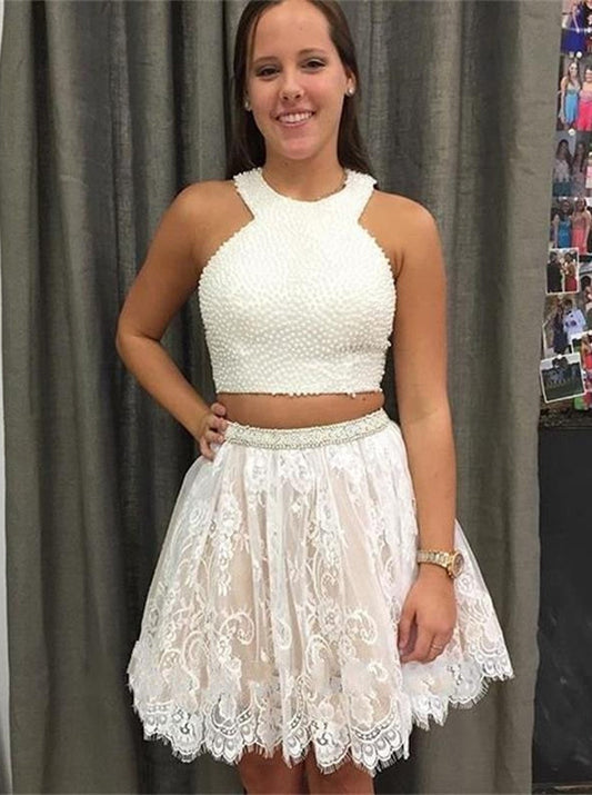 Halter Sleeveless Short Homecoming Dresses Lace A Line Skyla Two Pieces White