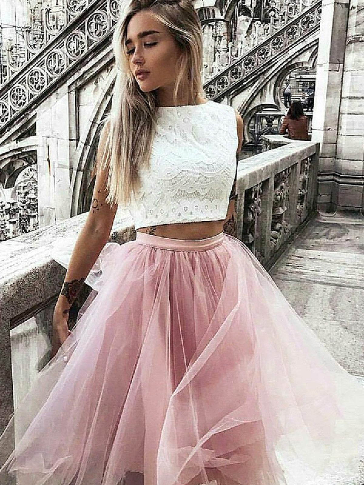 Halter Jewel A Line Mercedes Homecoming Dresses Two Pieces Pink Lace Tulle Pleated Sleeveless