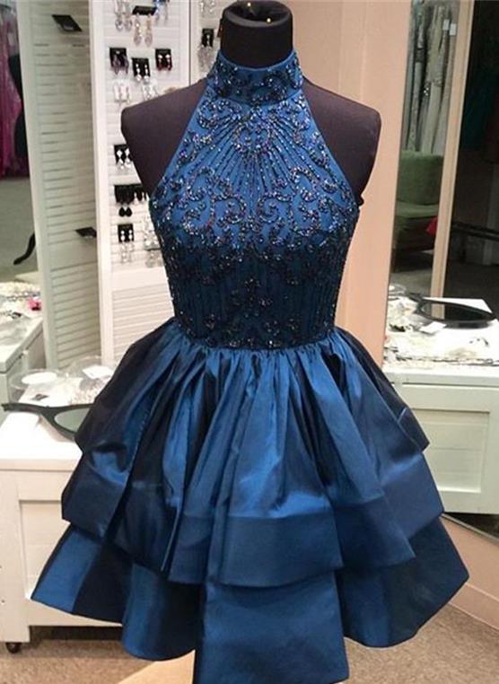 Halter High Neck A Line Kailee Satin Homecoming Dresses Dark Blue Sleeveless Tiered Beading Appliques