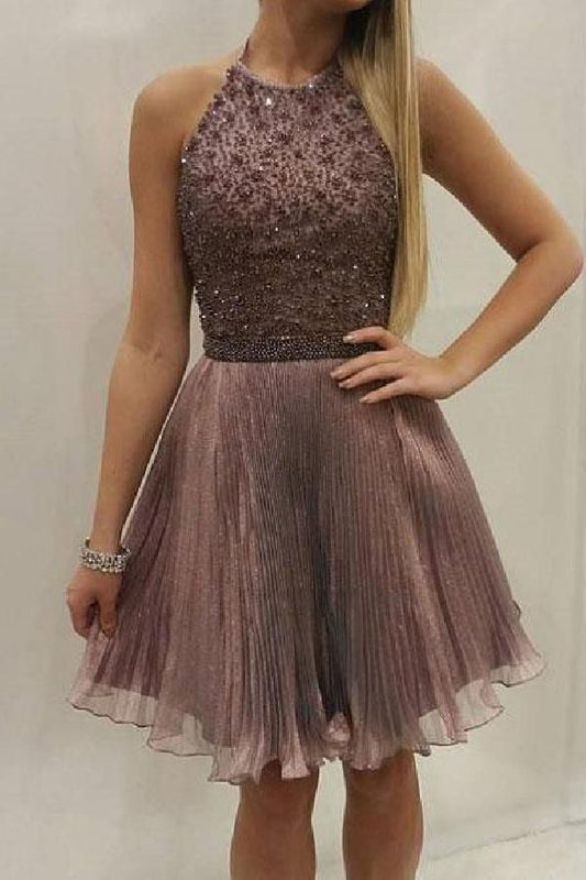 Halter Sleeveless Organza Brown Pleated Beading Sparkle A Line Quintina Homecoming Dresses Charming