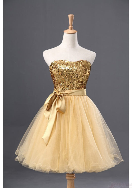 Strapless Sweetheart Backless Light Yellow Lucille Homecoming Dresses A Line Sequins Bow Knot