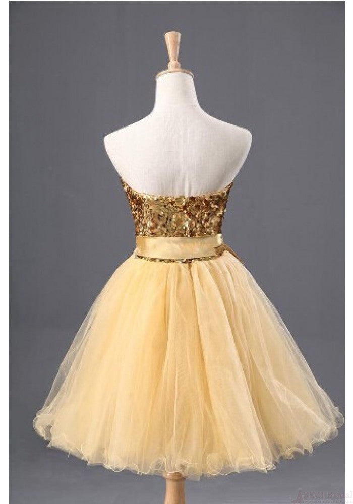 Strapless Sweetheart Backless Light Yellow Lucille Homecoming Dresses A Line Sequins Bow Knot