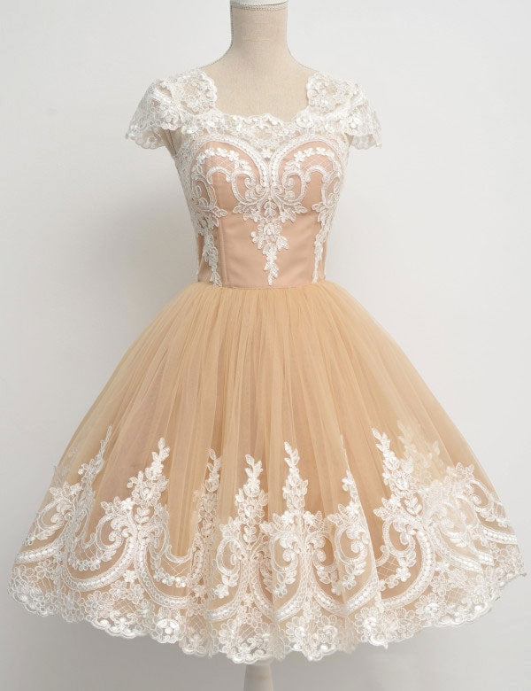 Square Neck Champagne Cap Sleeve Homecoming Dresses A Line Lori Lace Tulle Pleated Appliques