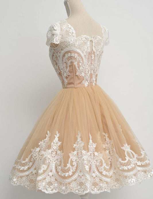 Square Neck Champagne Cap Sleeve Homecoming Dresses A Line Lori Lace Tulle Pleated Appliques