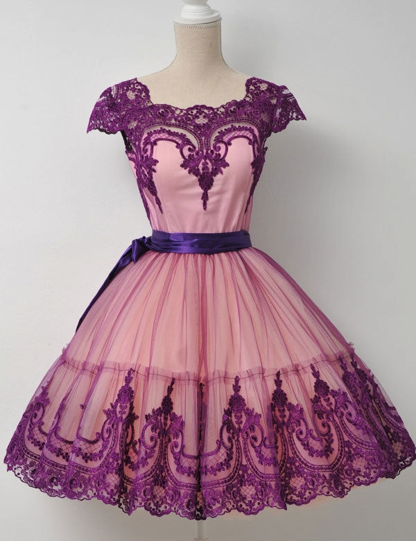 Square Neck Fuchsia Audrina Lace A Line Homecoming Dresses Cap Sleeve Appliques Ribbon Trim