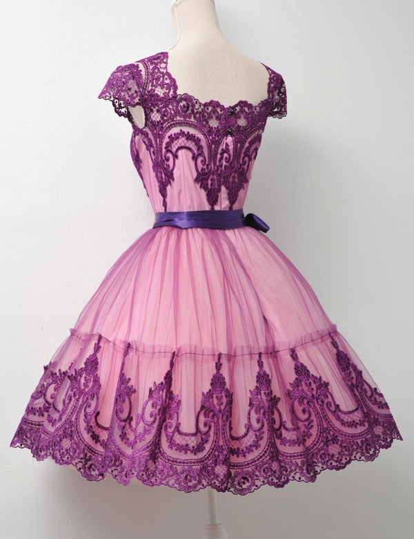 Square Neck Fuchsia A Line Karsyn Homecoming Dresses Lace Cap Sleeve Appliques Ribbon Trim