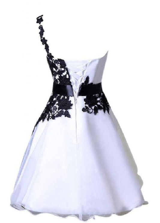 One Shoulder Up Lace Satin A Line Riley Homecoming Dresses White Appliques Flowers