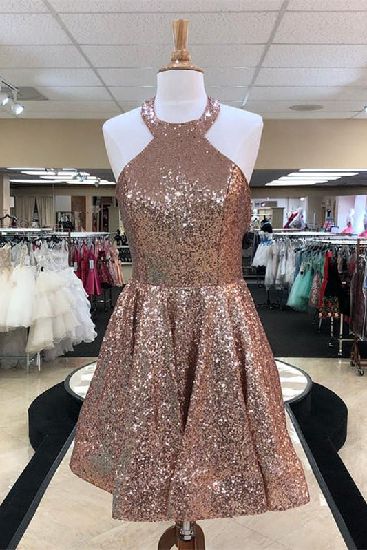 Halter Sequins Sleeveless Backless A Line Guadalupe Homecoming Dresses Pleated Short Sparkle Charming