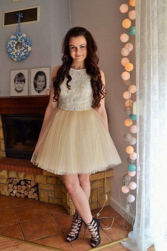 Sleeveless Jewel Light Homecoming Dresses Destinee A Line Yellow Flowers Appliques Tulle Backless