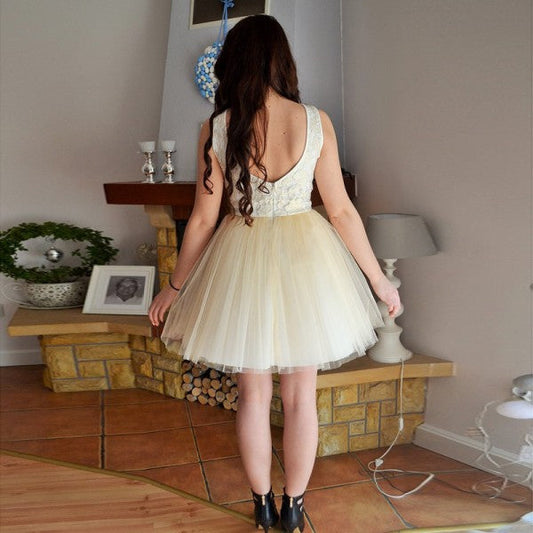 Sleeveless Jewel Light Homecoming Dresses Destinee A Line Yellow Flowers Appliques Tulle Backless