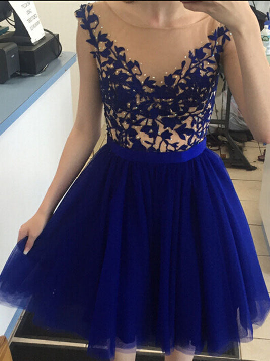 Royal Blue A Line Homecoming Dresses Malia Scoop Cap Sleeve Tulle Appliques Pleated