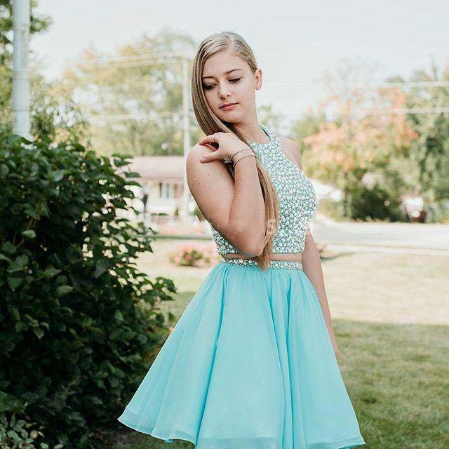 Halter A Line Sarah Chiffon Homecoming Dresses Two Pieces Sleeveless Rhinestone Pleated Blue