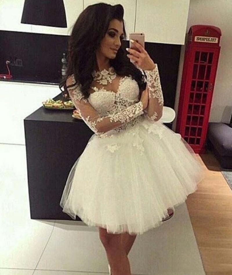 Jewel Long Sleeve Appliques Pleated Tulle Sheer A Line Lindsay Lace Homecoming Dresses Short