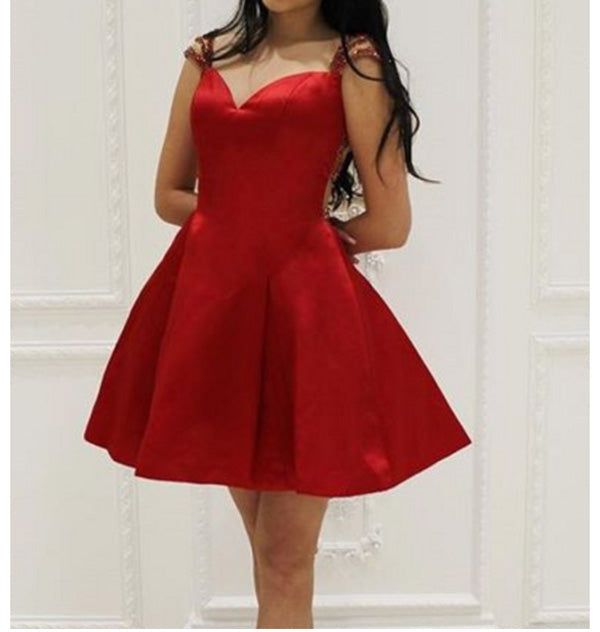 V Neck Louise A Line Homecoming Dresses Satin Straps Backless Red Cut Out Rhinestone Beading