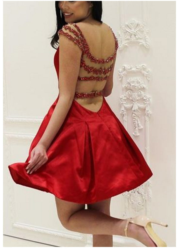 V Neck Louise A Line Homecoming Dresses Satin Straps Backless Red Cut Out Rhinestone Beading