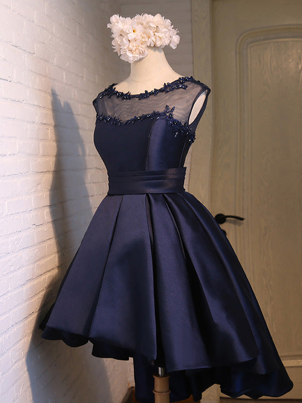 Scoop Ball Gown Backless Cap Homecoming Dresses Satin Kim Sleeve Sheer High Low Dark Navy Appliques