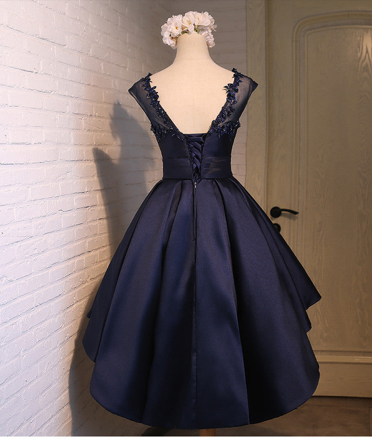 Scoop Ball Gown Backless Cap Homecoming Dresses Satin Kim Sleeve Sheer High Low Dark Navy Appliques