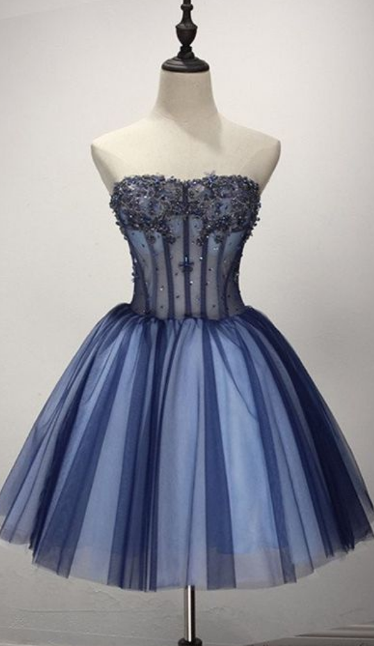 Strapless Ball Gown Appliques Tulle Beaded Francesca Homecoming Dresses Pleated Dark Blue Cute Elegant