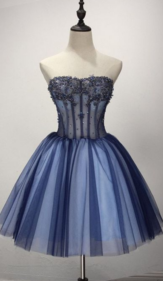 Strapless Ball Gown Appliques Tulle Beaded Francesca Homecoming Dresses Pleated Dark Blue Cute Elegant