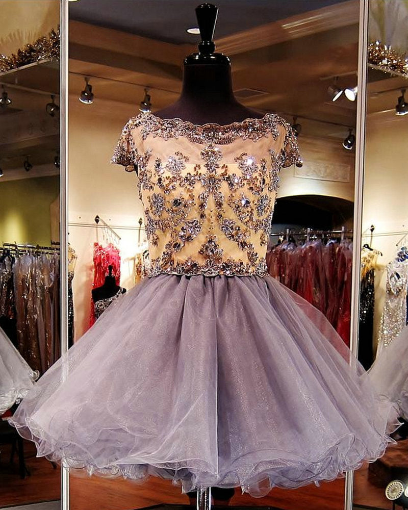 Tulle Gold Appliques Janae Homecoming Dresses A Line Beading Rhinestone Short Sleeve Bateau