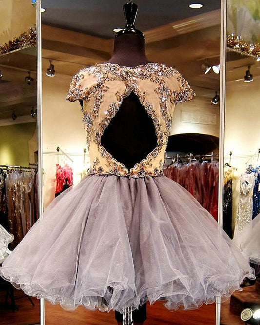 Tulle Gold Appliques Janae Homecoming Dresses A Line Beading Rhinestone Short Sleeve Bateau