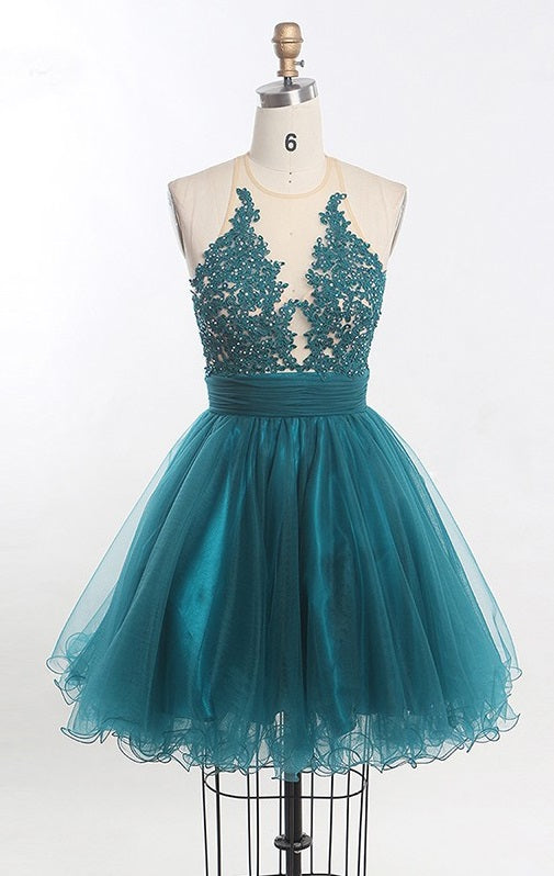 Scoop Sleeveless Sheer Appliques Tulle Pleated Ruched Dulce A Line Homecoming Dresses Backless