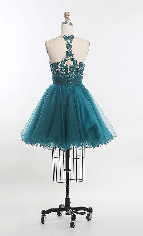 Scoop Sleeveless Sheer Appliques Tulle Pleated Ruched Dulce A Line Homecoming Dresses Backless