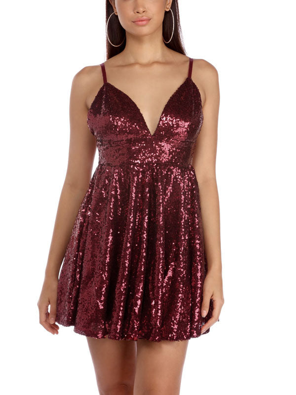 Deep V Neck Spaghetti Straps Alyson A Line Homecoming Dresses Backless Burgundy Sexy Sequins Sparkle