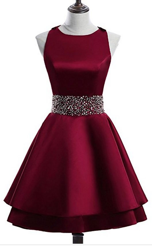 Satin Homecoming Dresses A Line Rhoda Scoop Tiered Sleeveless Rhinestone Burgundy Pleated