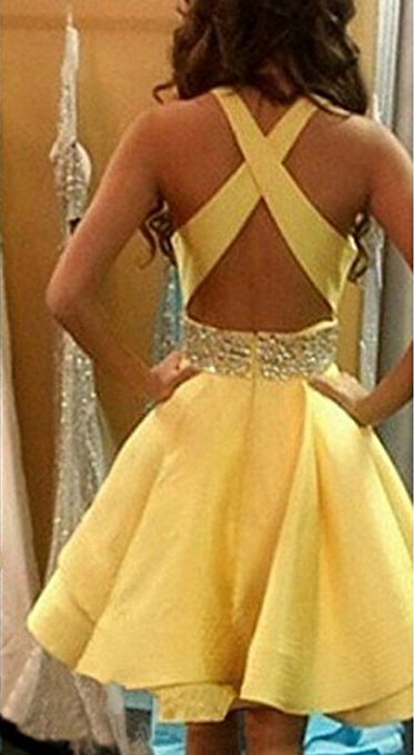 Homecoming Dresses Marian Satin A Line Rhinestone Backless Criss Cross Sleeveless Sexy Daffodil Short