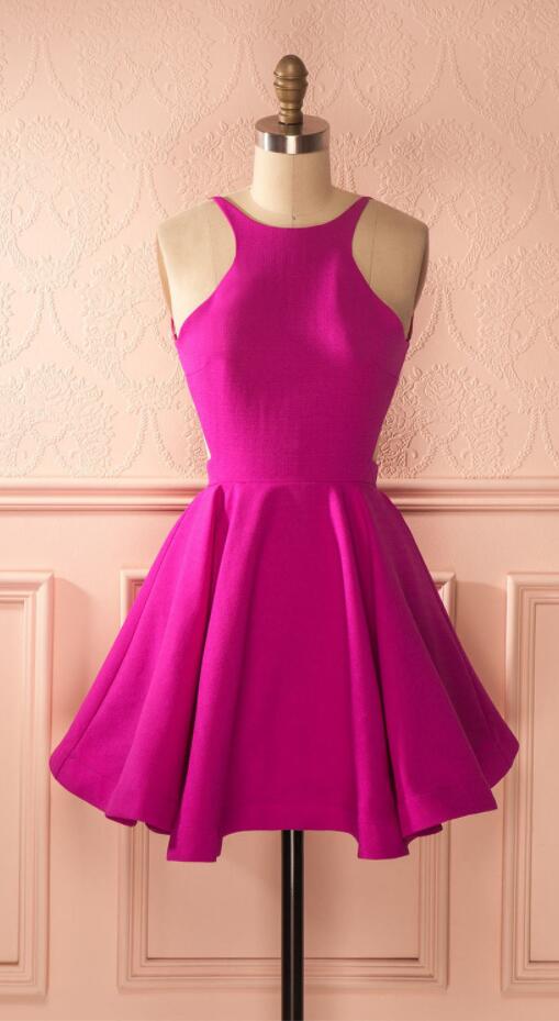 Halter Sleeveless Fuchsia Backless Sexy A Line Taniya Homecoming Dresses Satin Short Pleated