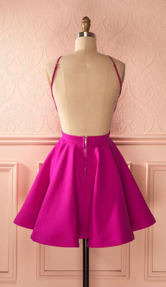 Halter Sleeveless Fuchsia Backless Sexy A Line Taniya Homecoming Dresses Satin Short Pleated