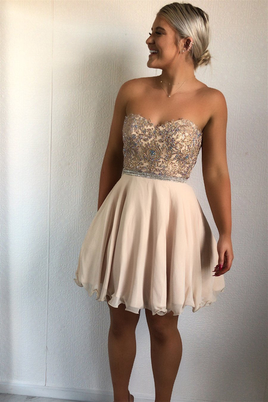 Strapless Sweetheart Rhinestone Beaded Pleated Chiffon A Line Homecoming Dresses Monserrat Backless