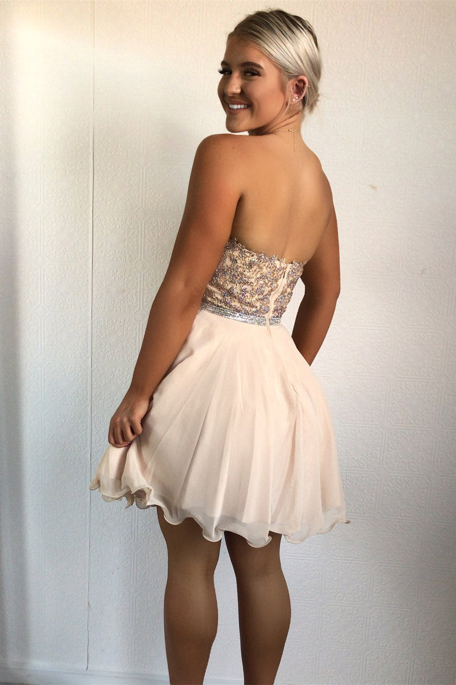 Strapless Sweetheart Rhinestone Beaded Pleated Chiffon A Line Homecoming Dresses Monserrat Backless